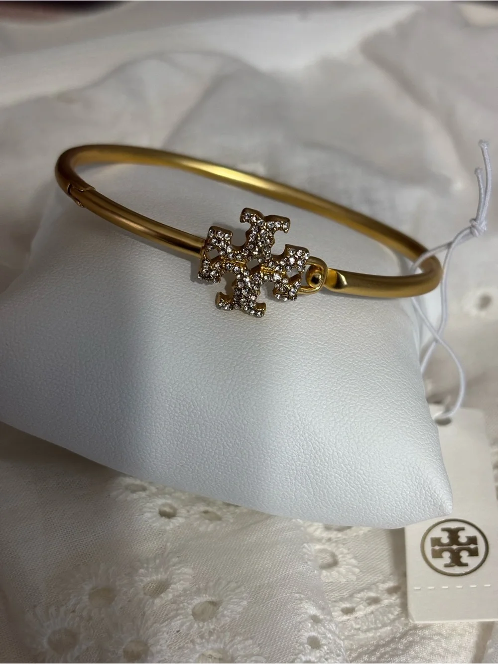 Tory Burch Gold-Tone Crystal Logo Bangle Bracelet